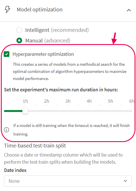 Hiperparametre optimizasyonu etkinleştirilmiş AutoML eğitim özelleştirme paneli