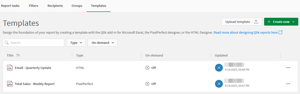Bir Qlik Sense uygulamasının Raporlama bölümündeki "Şablonlar" sekmesi. Burası, şablon eklediğiniz ve mevcut şablonları yönettiğiniz yerdir.