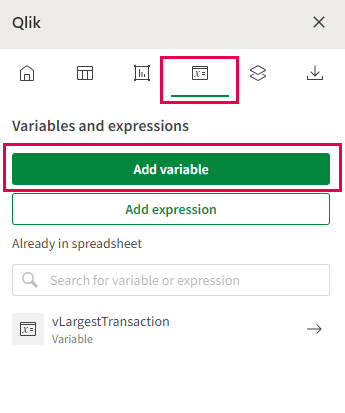 Excel eklentisinde, değişkenler ekleyebileceğiniz/eklediğiniz mevcut değişken nesnelerini değiştirebileceğiniz veya yeni bir değişken ekleyebileceğiniz "Değişkenler ve ifadeler" sekmesi