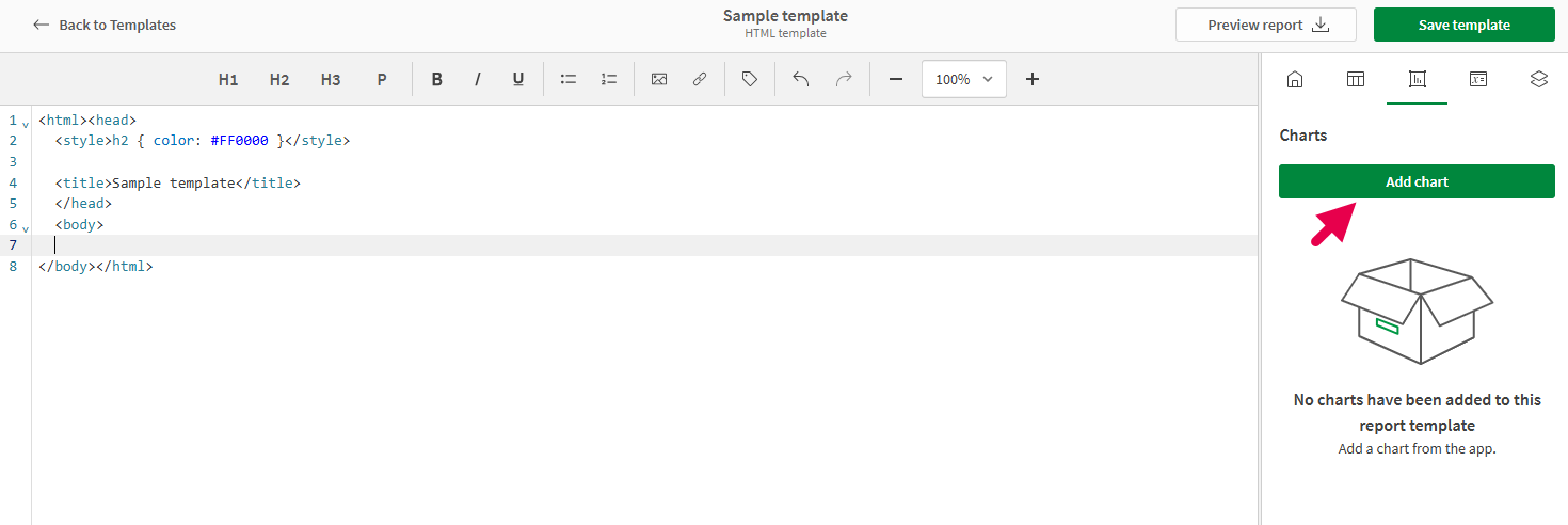 HTML tasarımcısında, eklediğiniz mevcut grafikleri değiştirebileceğiniz veya yeni bir grafik ekleyebileceğiniz "Grafikler" sekmesi