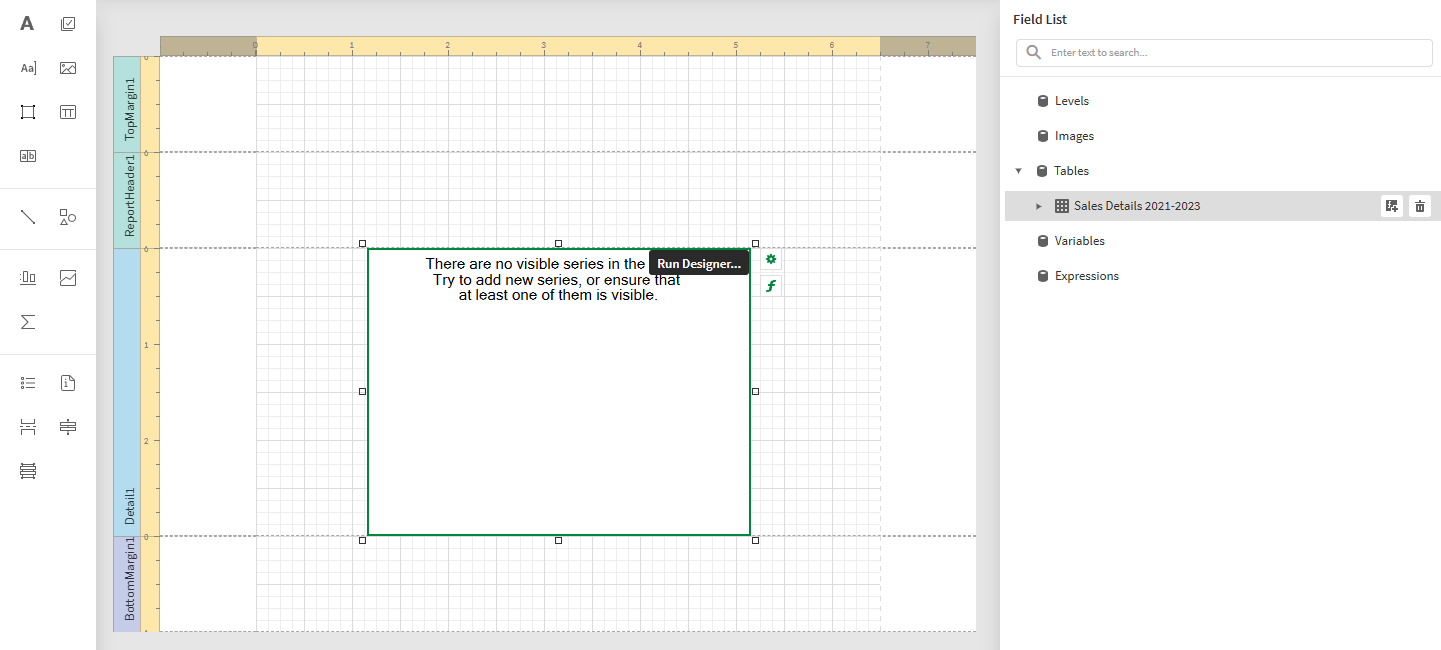 Tam boyutta görüntülemek için tıklayın Report template with a blank Chart object added, along with the 'Field List' menu expanded on the right side panel showing the data binding we will use to connect to the chart