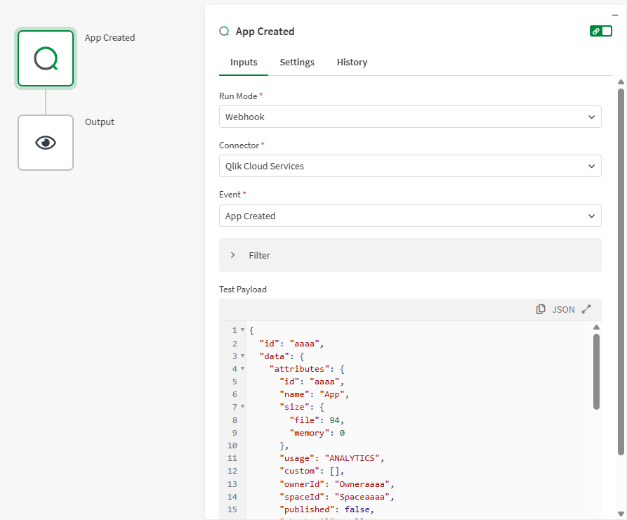 Webhook start block with event app created