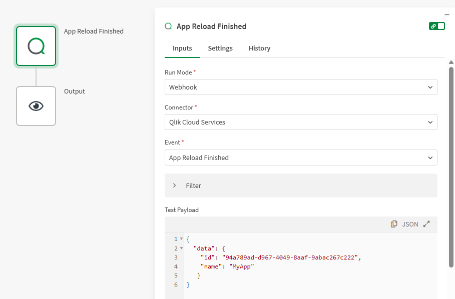 A simple automation with two blocks showing the start block configured as a webhook