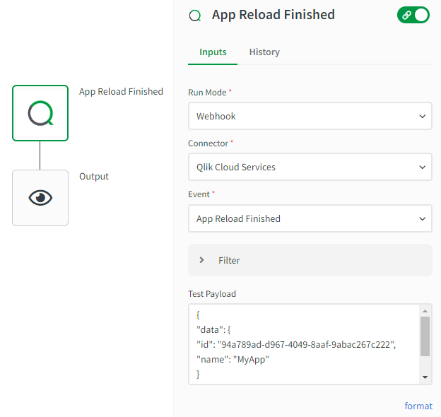 A simple automation with two blocks showing the start block configured as a webhook