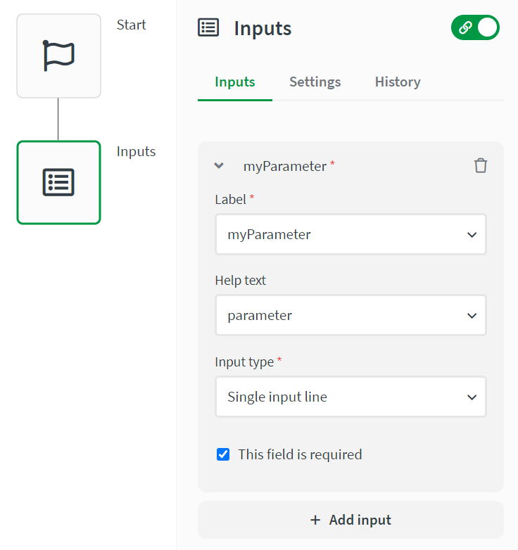 Input block below a start block