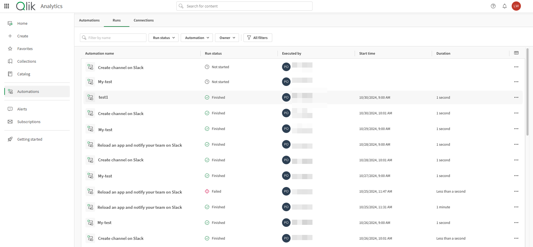 Automation Runs view showing automation run history