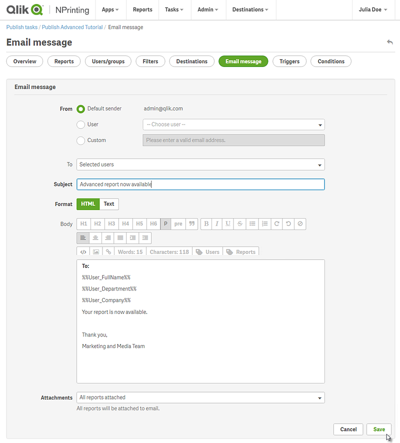 Email customization screen.