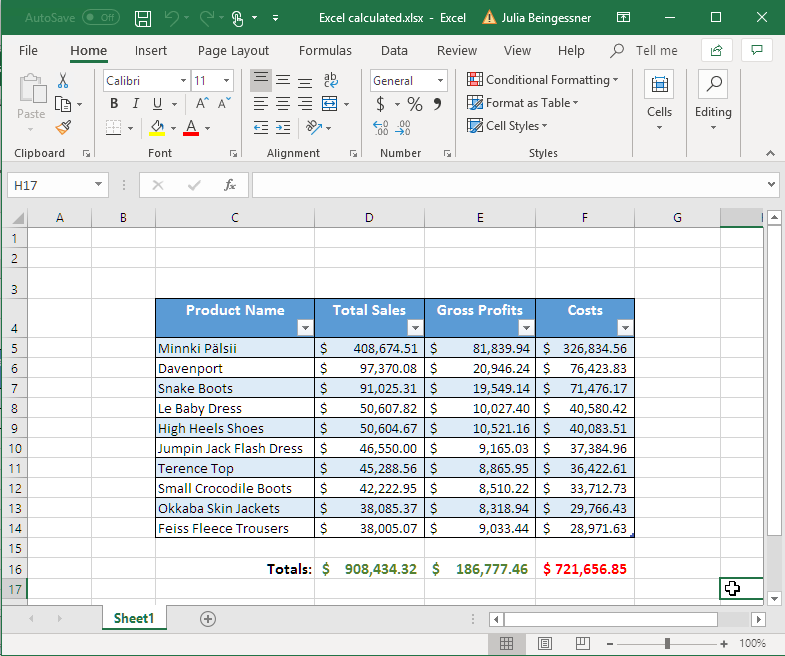 Excel preview with one table showing column totals.