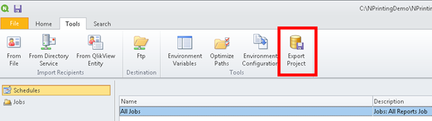 QlikView Nprinting 16 export project button