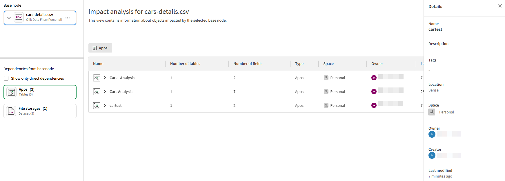 影響分析中的詳細資訊檢視
