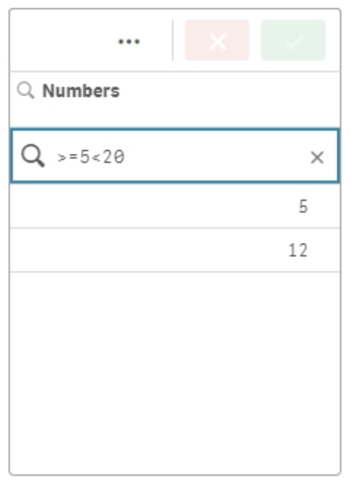 對符合數字比較組合之值的數字搜尋 (在此案例中，大於或等於五，且小於 20)。