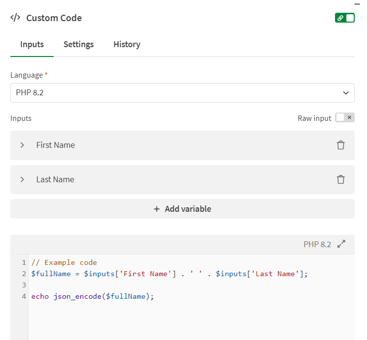 custom code block showing language and code snippet