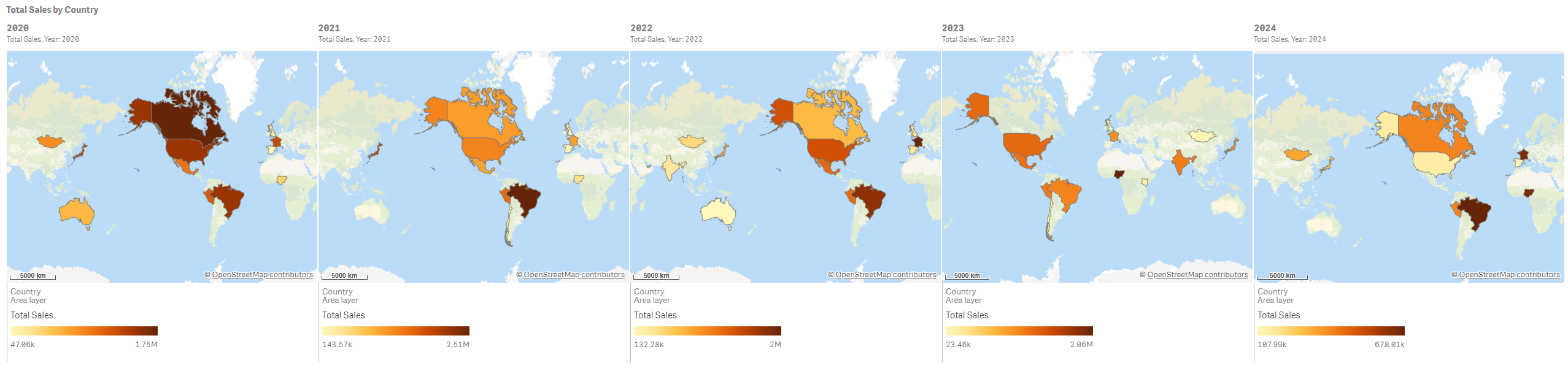 Click to view full size Trellis container containing 5 map charts, one for each year in the app data