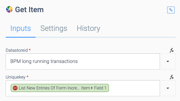 The Inputs tab of the Get Item block. The Uniquekey field is set to List New Entries of Form Incrementally > Item > Field 1.