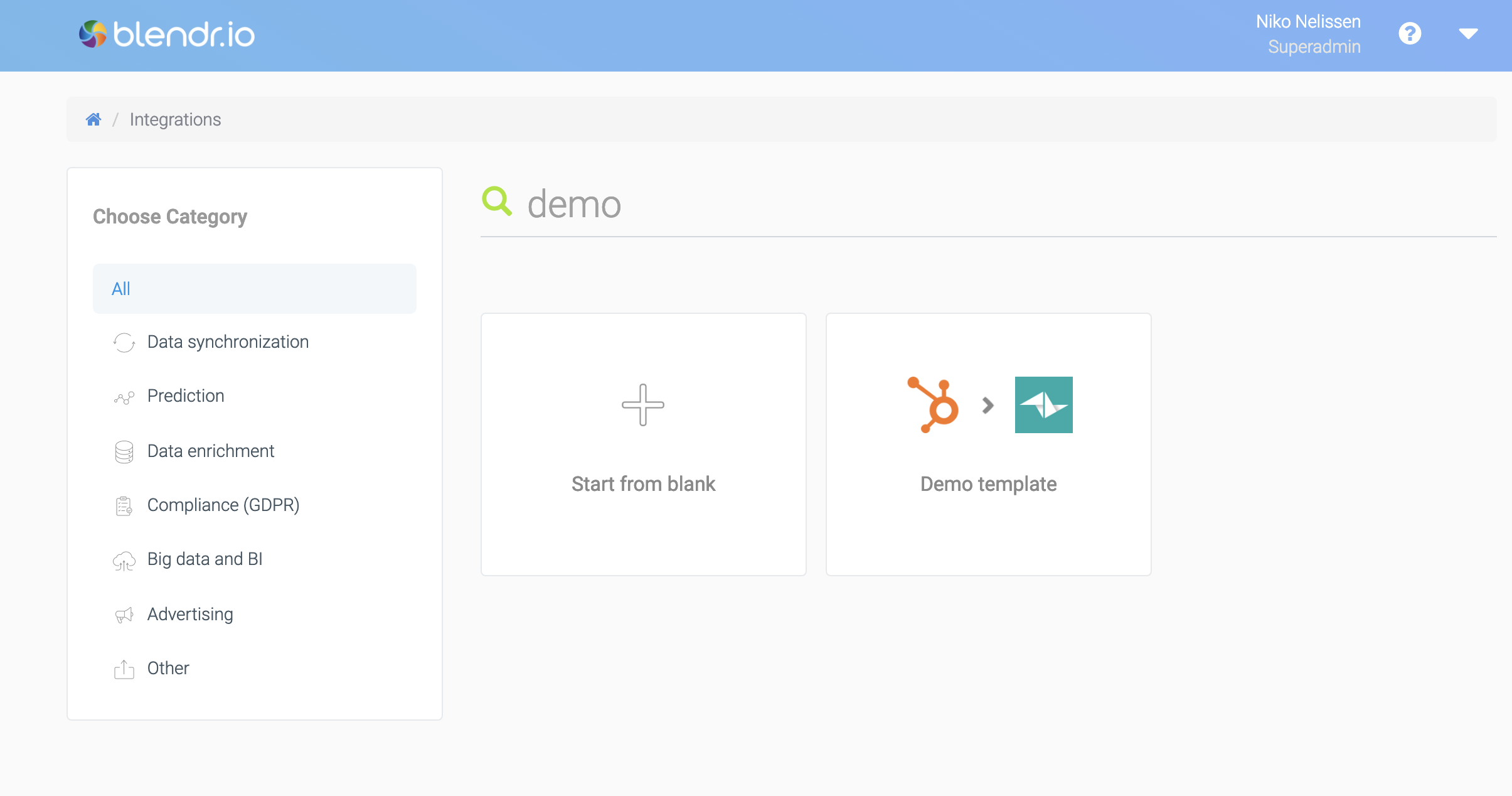 The Demo template now appears in the integrations list.