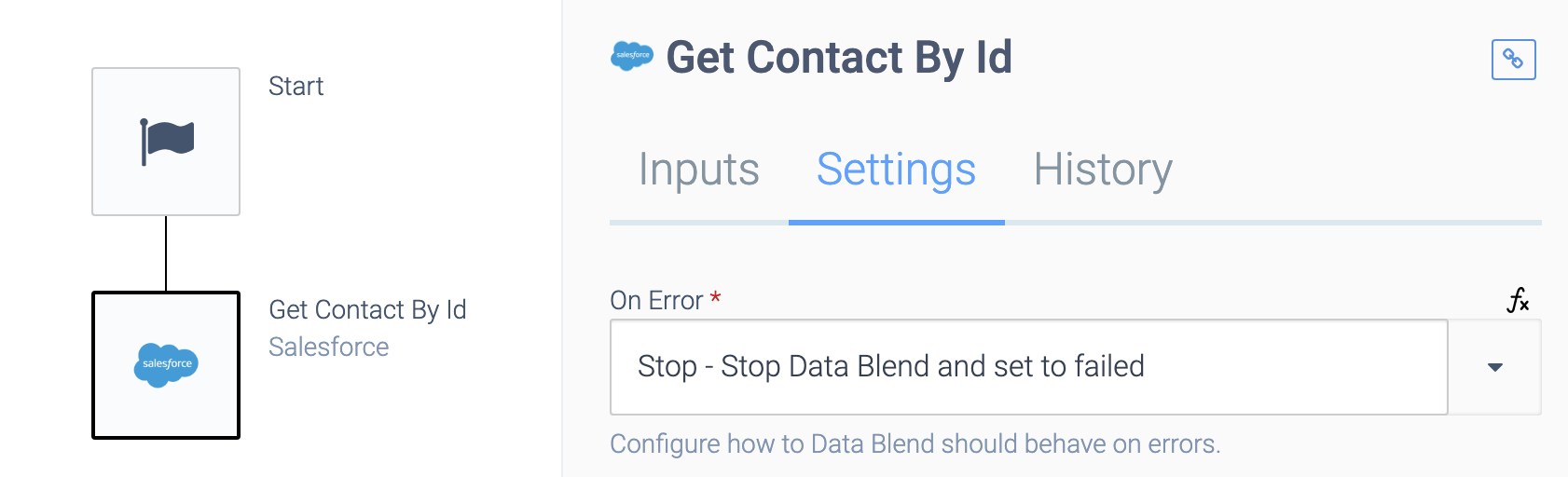 The Settings tab of a Get Contact By Id block. The On Error field is set to Stop - Stop Datan automation and set to failed.