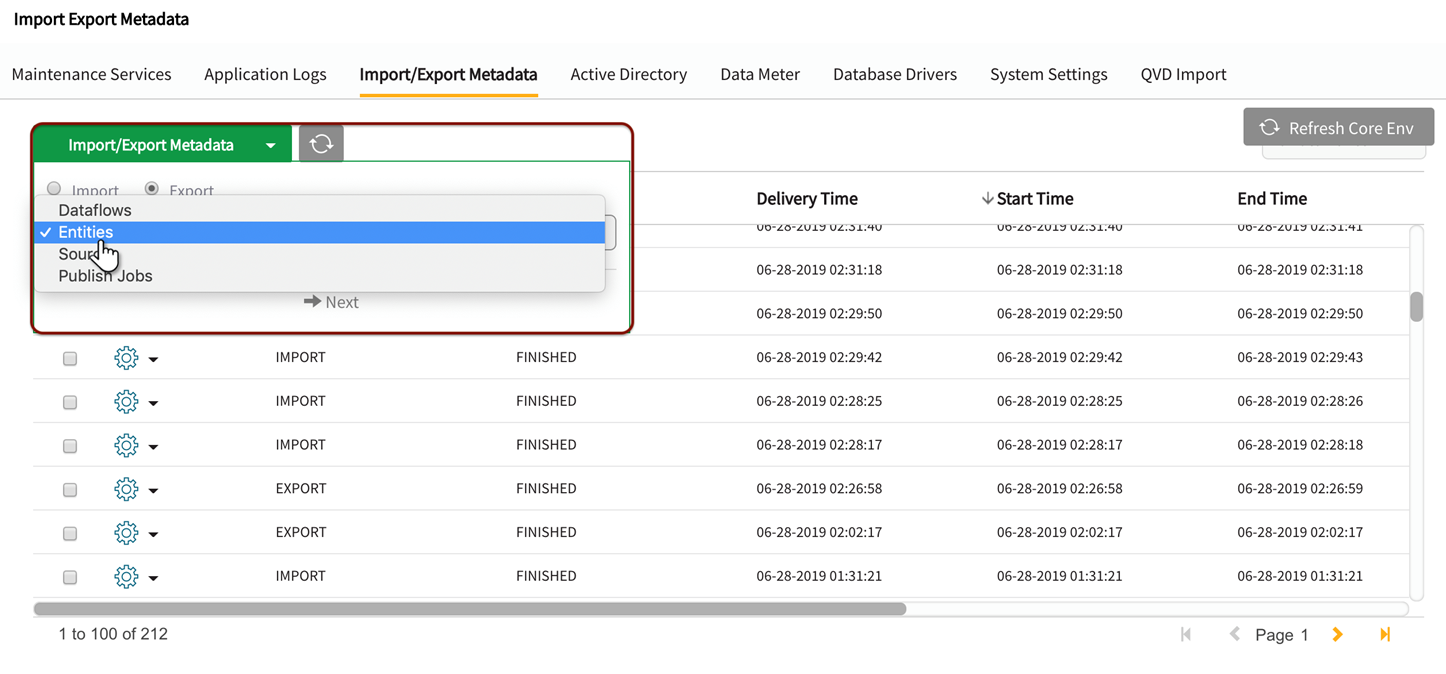 Click to view full size Selection of entity or source object from metadata import/export dropdown
