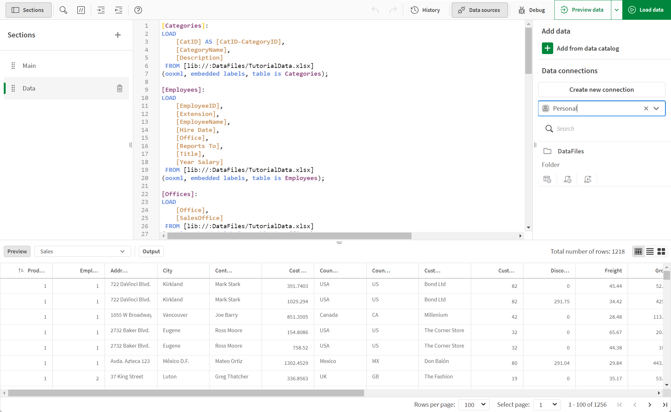 Click to view full size Preview of the loaded data, showing the table Sales in table view of Preview.