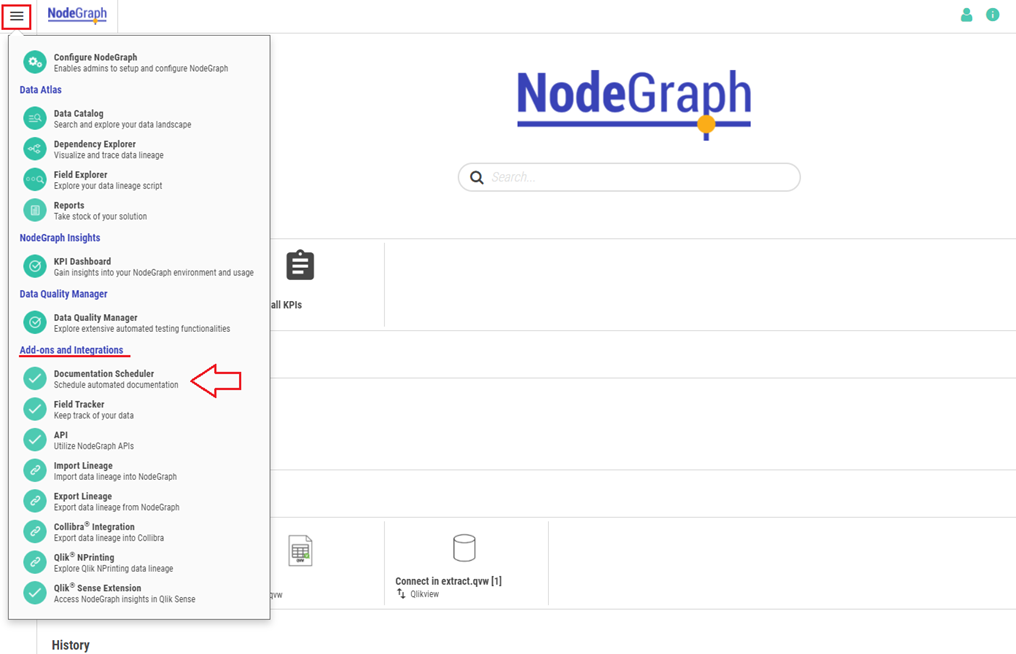 Click to view full size The location of the documentation scheduler, under Add-ons and Integrations in the menu accessed from the top-left.