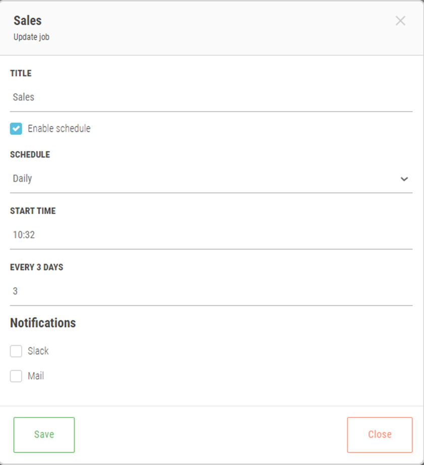 Click to view full size Settings for the Document Scheduler. There are fields for Title, Schedule, Start Time, Every # Days, and Notifications.