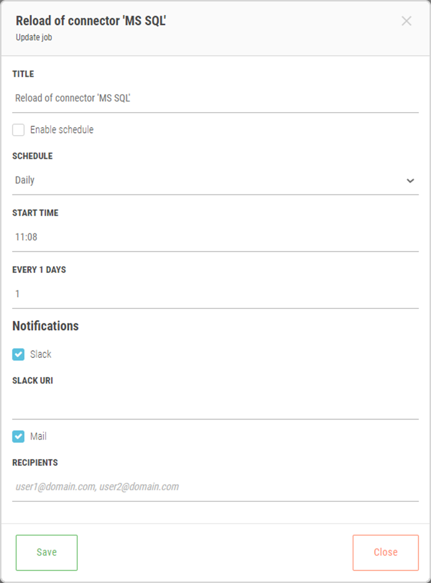 A sample connector's reload schedule.