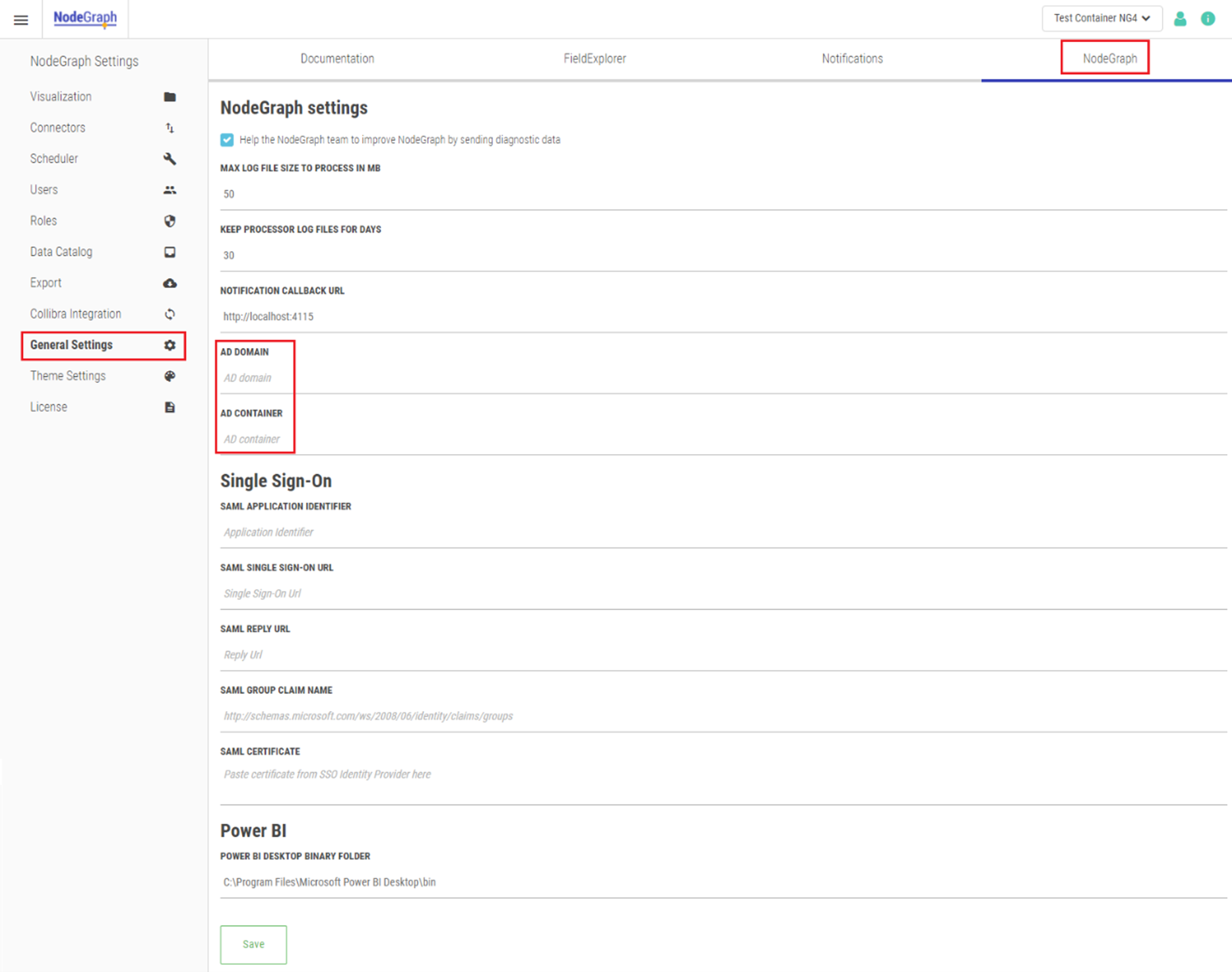 Click to view full size The General Settings and NodeGraph tabs in NodeGraph Settings. The fields for Ad Domain and Ad Container are highlighted.