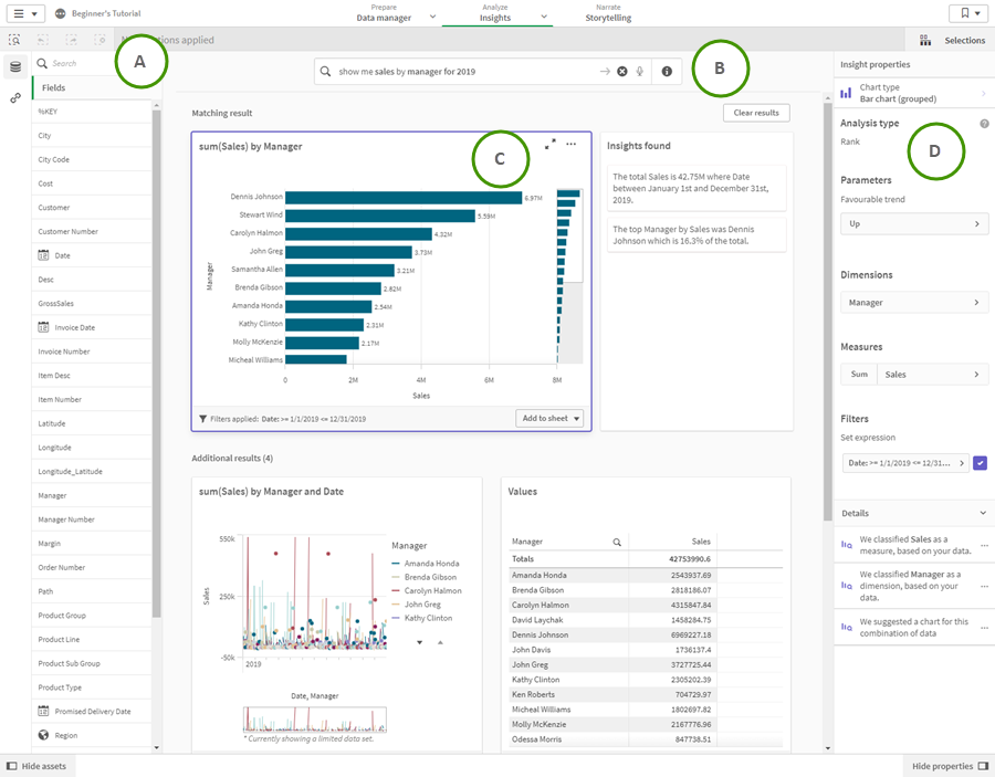 Insight advisor search-based analysis displaying insights charts in an app.
