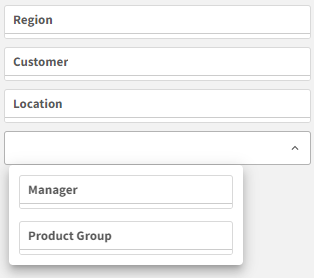 Filter pane in analysis mode with five dimensions. Three of the dimensions are displayed, with the dropdown expanded to show additional two dimensions.