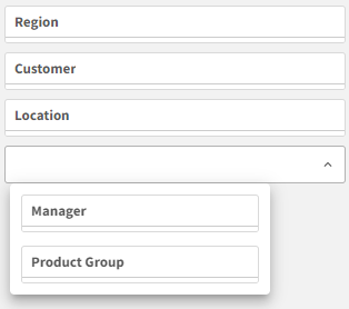 Click to view full size Filter pane in analysis mode with five dimensions. Three of the dimensions are displayed, with the dropdown expanded to show additional two dimensions.