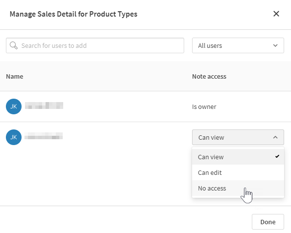 Fare clic per visualizzare a dimensioni complete Condivisione di una nota con un membro dello spazio utilizzando la finestra di dialogo 'Utenti'