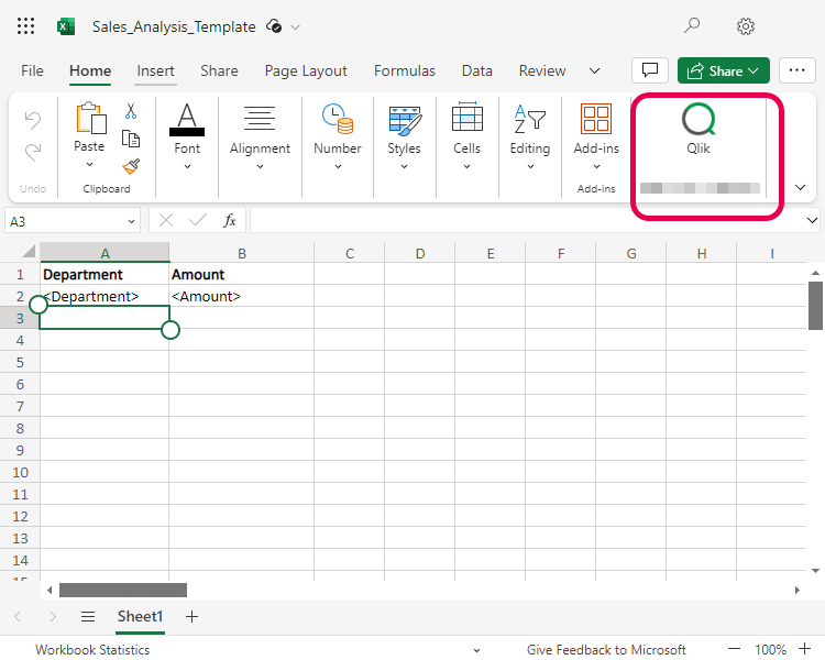 전체 크기로 보려면 클릭 Microsoft Excel에서 Qlik 추가 기능 버튼을 표시하는 리본 막대