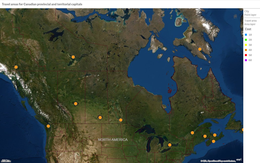 Exemplo de mapa exibindo apenas pontos de destaque para cada capital canadense